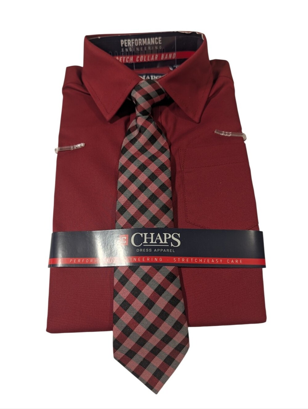 Chaps Boy's Long-Sleeve Dress Shirt with Plaid Tie - Sienna Red - Size XXS 4/5